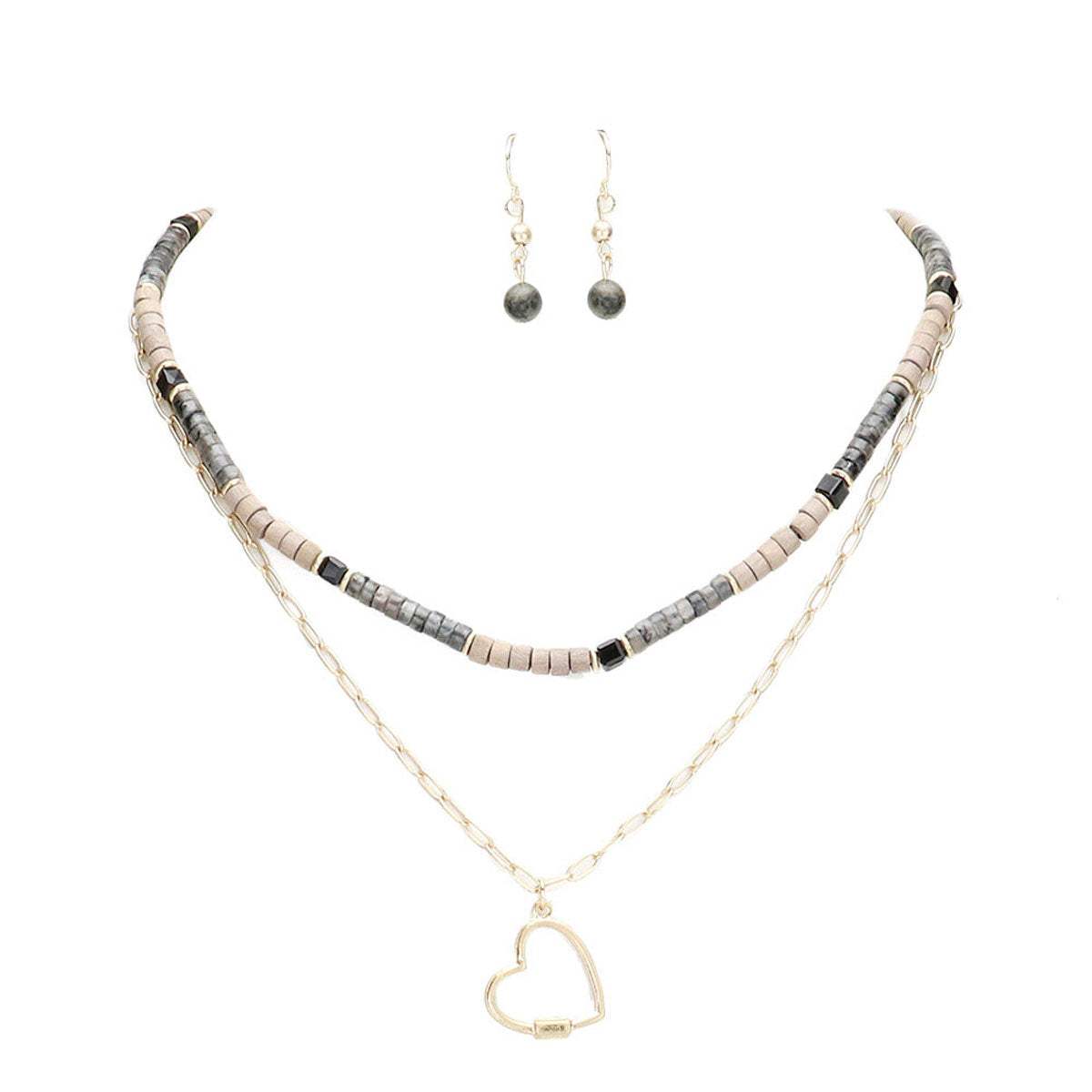 Heart Pendant Wood Natural Stone Double Layered Jewelry Set - Madeline Love - Flyclothing LLC