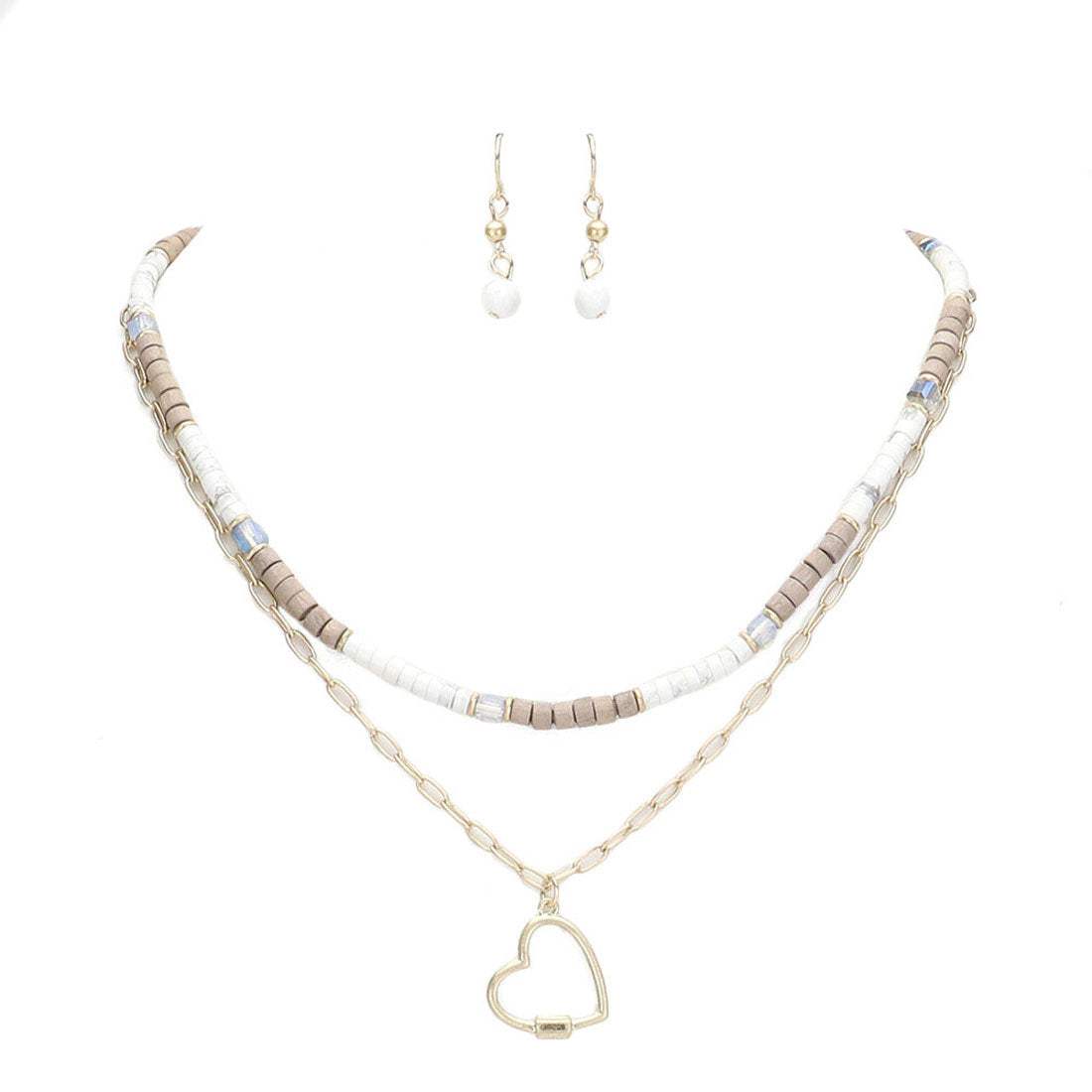 Heart Pendant Wood Natural Stone Double Layered Jewelry Set - Madeline Love - Flyclothing LLC