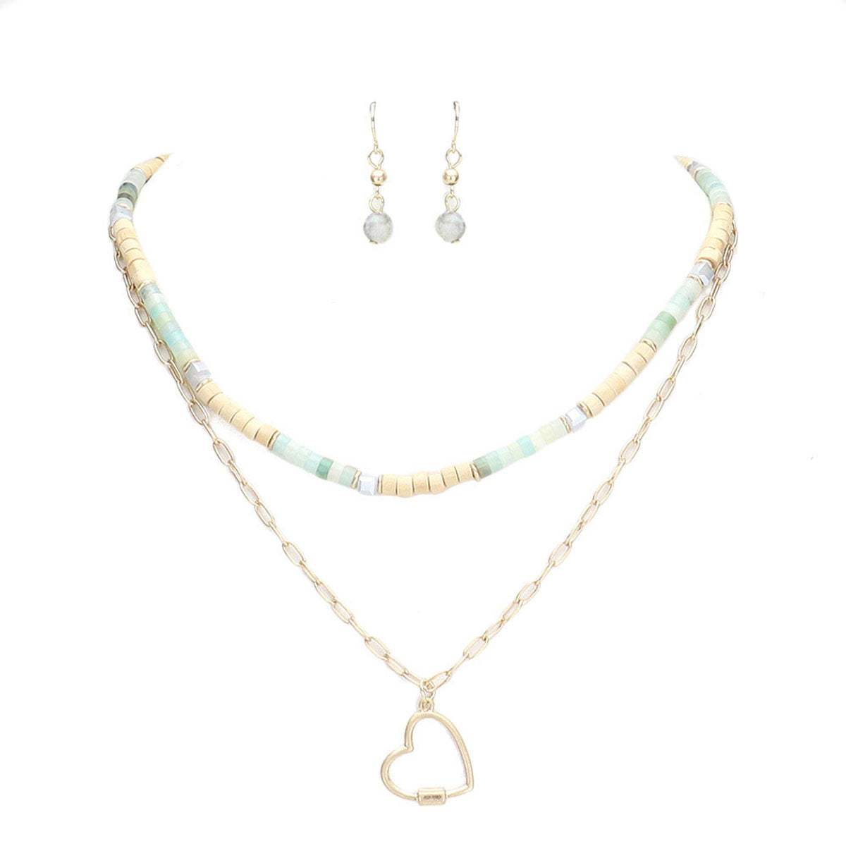 Heart Pendant Wood Natural Stone Double Layered Jewelry Set - Madeline Love - Flyclothing LLC