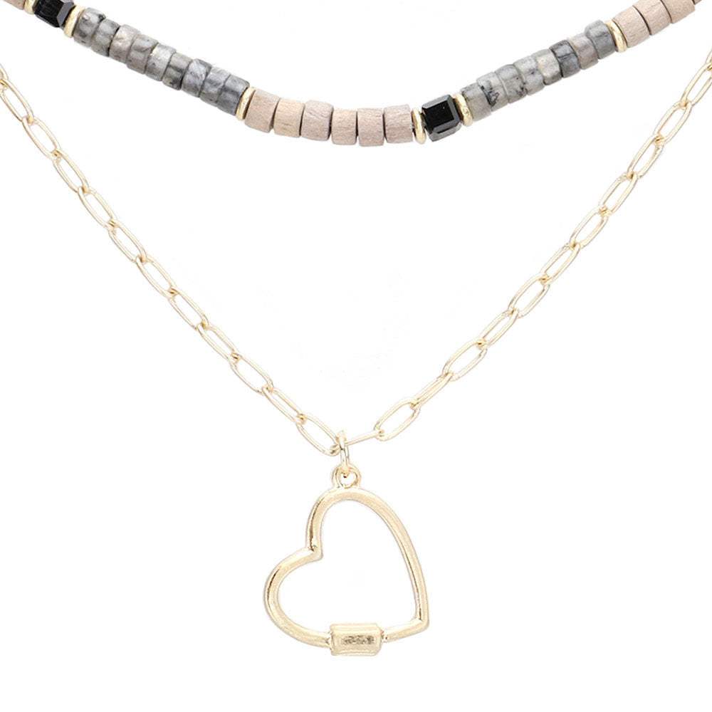 Heart Pendant Wood Natural Stone Double Layered Jewelry Set - Madeline Love - Flyclothing LLC