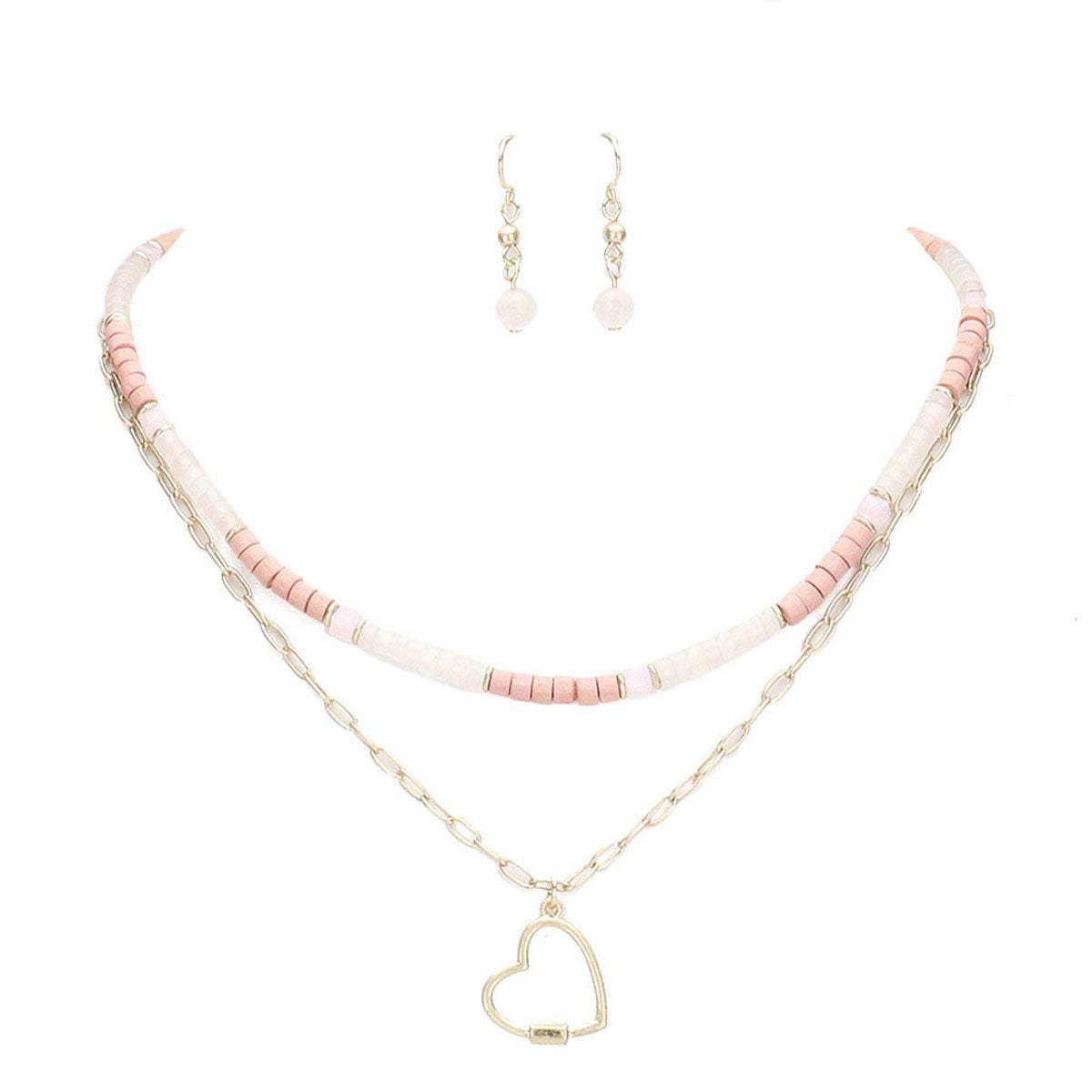Heart Pendant Wood Natural Stone Double Layered Jewelry Set - Madeline Love - Flyclothing LLC
