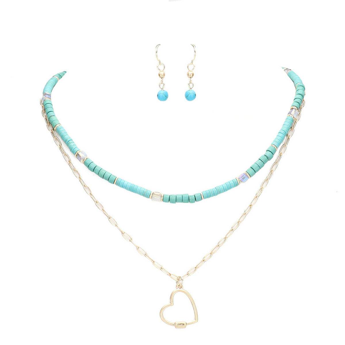 Heart Pendant Wood Natural Stone Double Layered Jewelry Set - Madeline Love - Flyclothing LLC