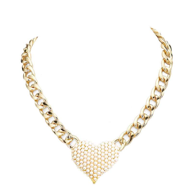 Heart Rhinestone Pave Chunky Metal Chain Necklace - Madeline Love - Flyclothing LLC