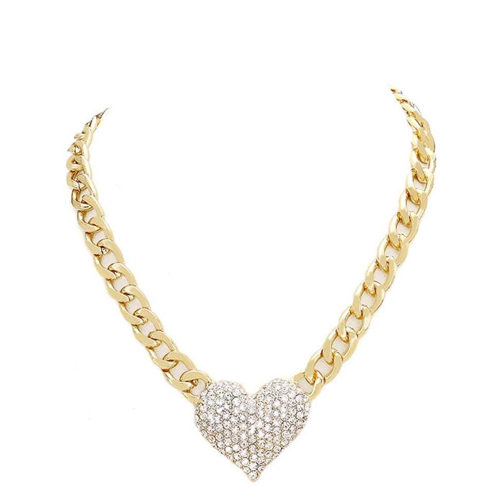 Heart Rhinestone Pave Chunky Metal Chain Necklace - Madeline Love - Flyclothing LLC