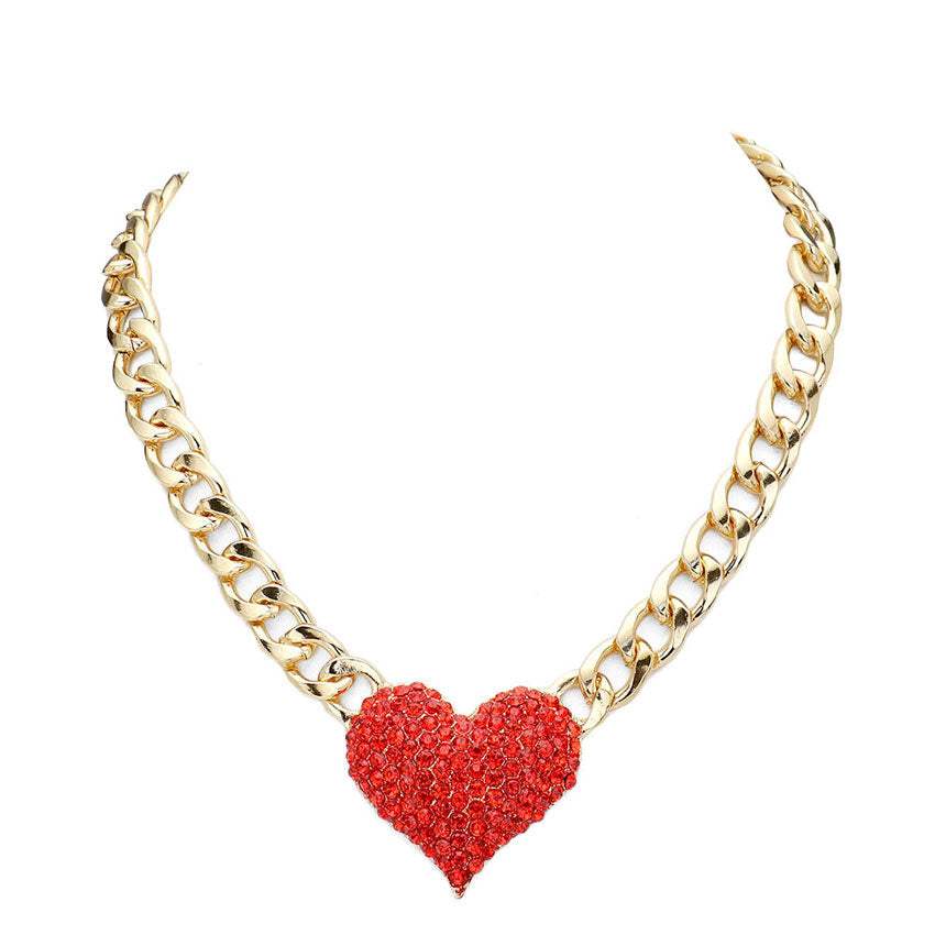 Heart Rhinestone Pave Chunky Metal Chain Necklace - Madeline Love - Flyclothing LLC