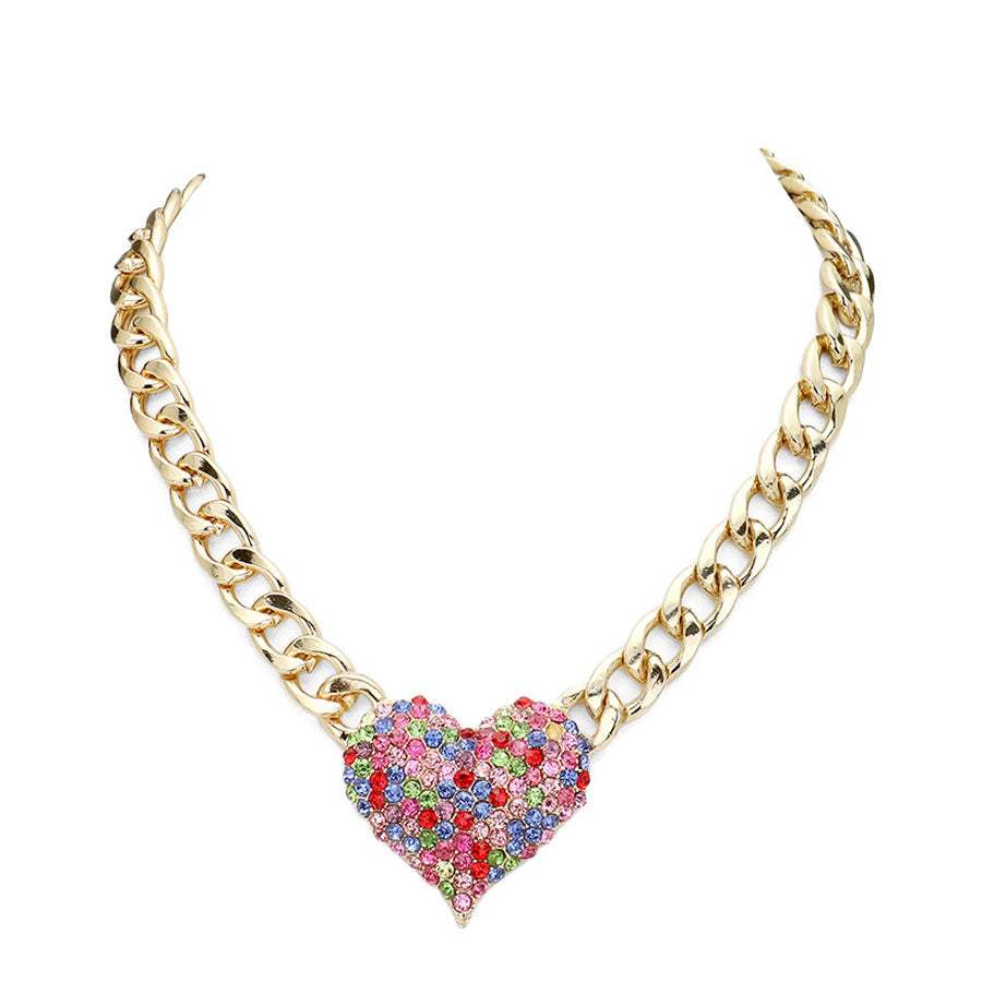 Heart Rhinestone Pave Chunky Metal Chain Necklace - Madeline Love - Flyclothing LLC