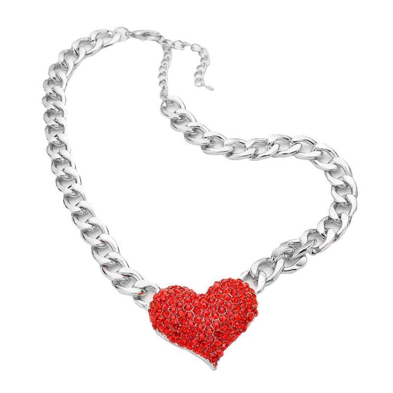Heart Rhinestone Pave Chunky Metal Chain Necklace - Madeline Love - Flyclothing LLC
