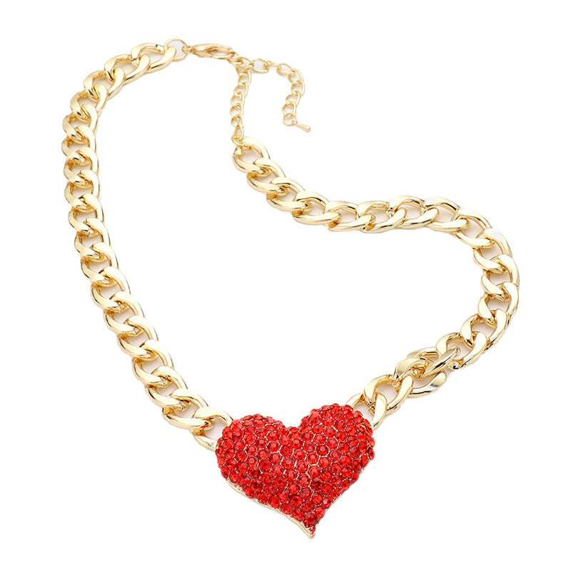 Heart Rhinestone Pave Chunky Metal Chain Necklace - Madeline Love - Flyclothing LLC