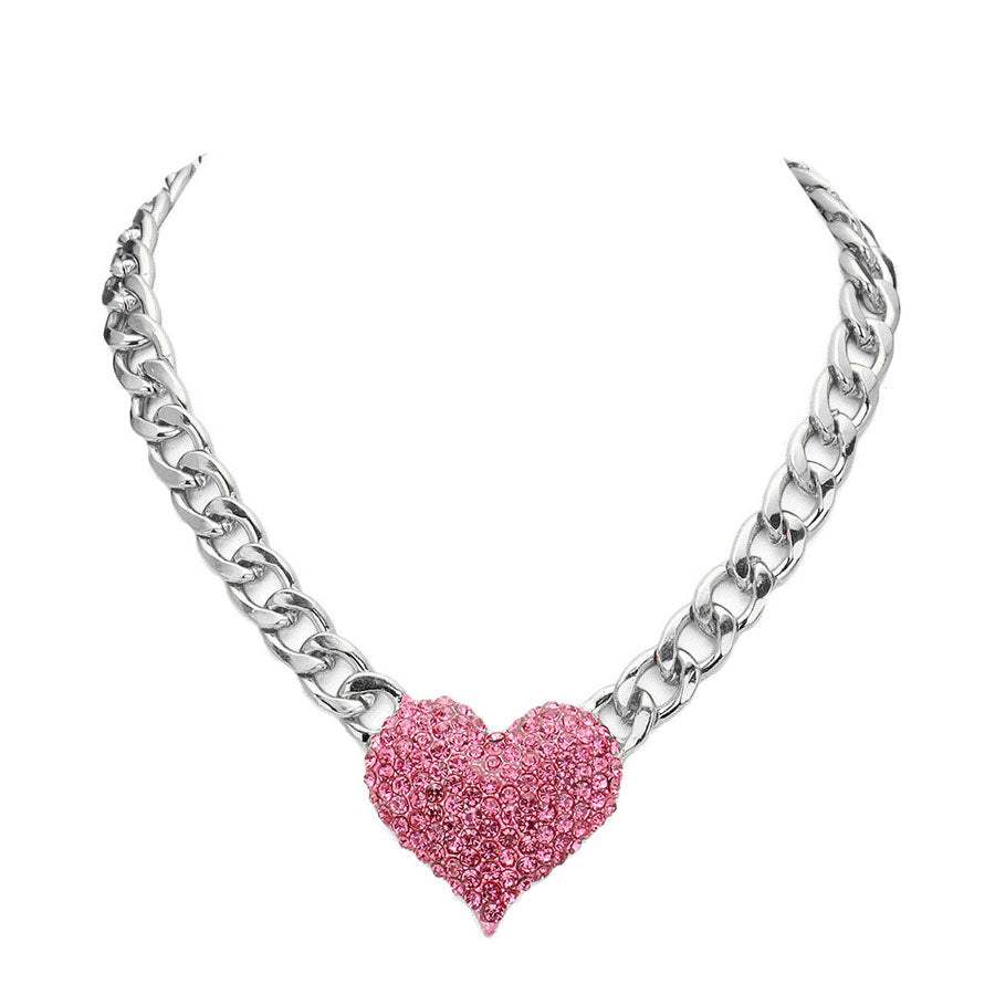 Heart Rhinestone Pave Chunky Metal Chain Necklace - Madeline Love - Flyclothing LLC