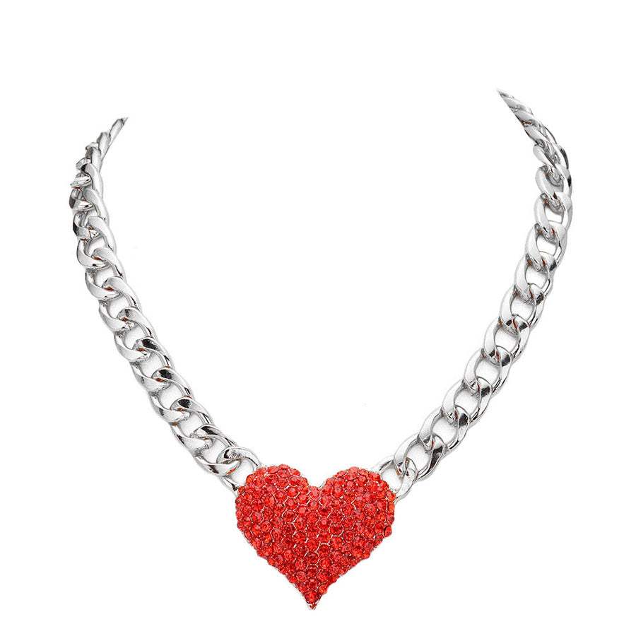 Heart Rhinestone Pave Chunky Metal Chain Necklace - Madeline Love - Flyclothing LLC