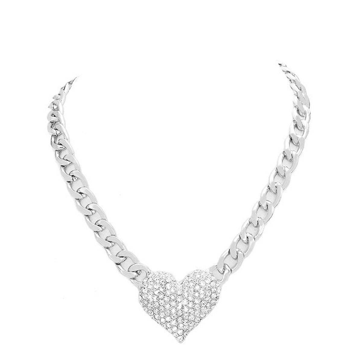 Heart Rhinestone Pave Chunky Metal Chain Necklace - Madeline Love - Flyclothing LLC