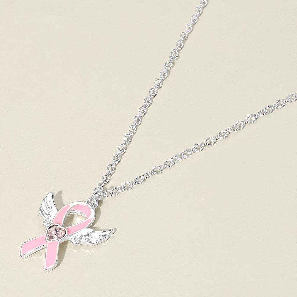 Heart Stone Pointed Enamel Pink Ribbon Angel Wing Pendant Necklace - Madeline Love - Flyclothing LLC