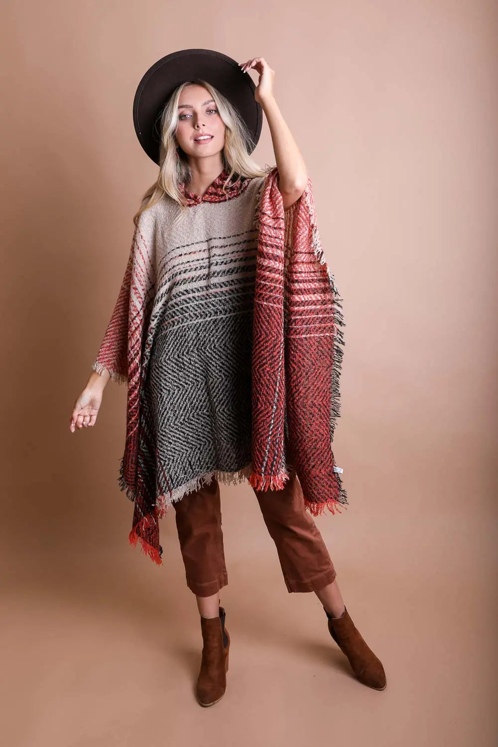 Herringbone Hooded Poncho - Boho Clothing and Accessories - Flyclothing LLC