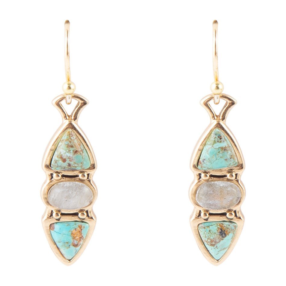 Blue Turquoise and Grey Labradorite Golden Drop Earrings - Barse Jewelry