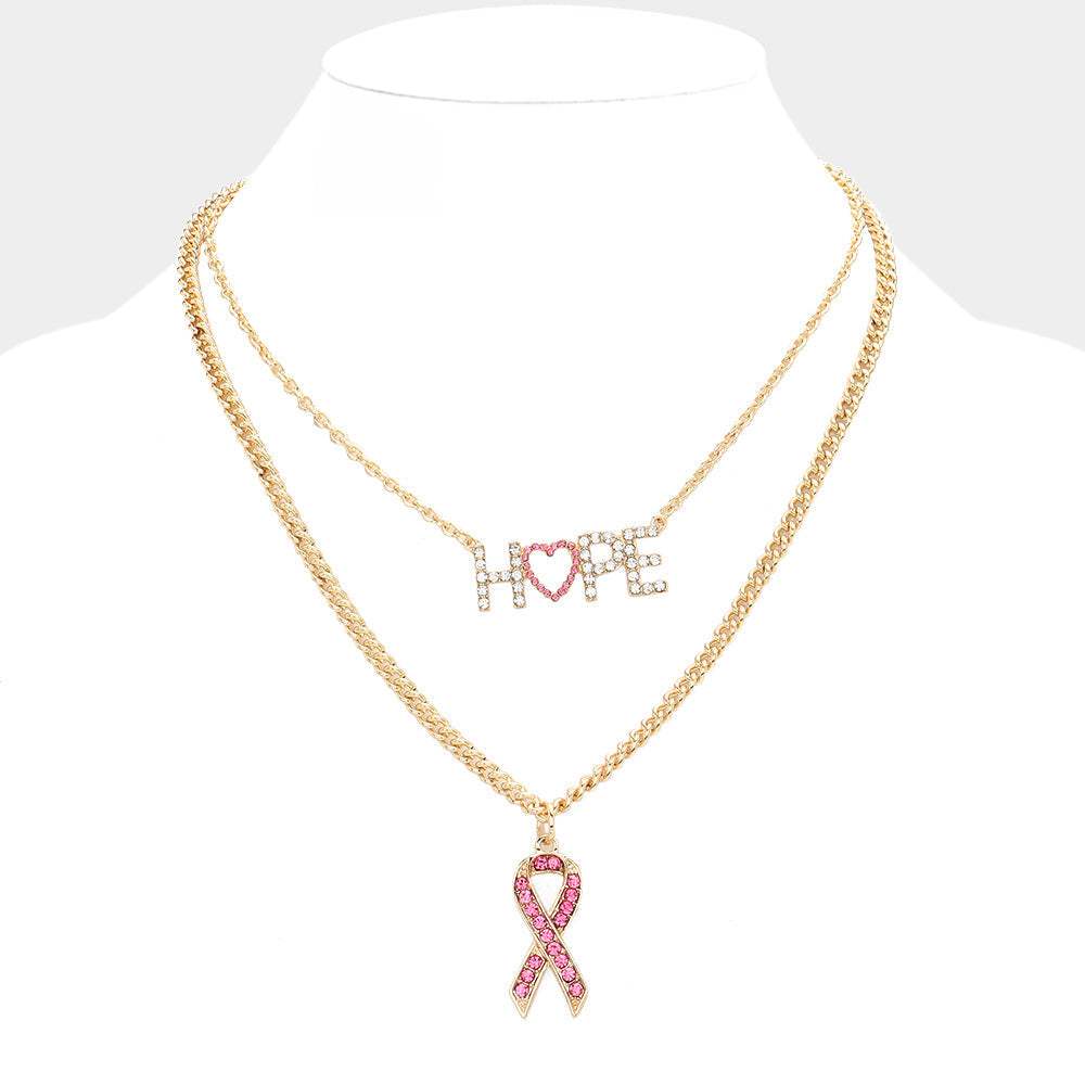 Hope Message Pink Ribbon Pendant Double Layered Necklace - Madeline Love - Flyclothing LLC