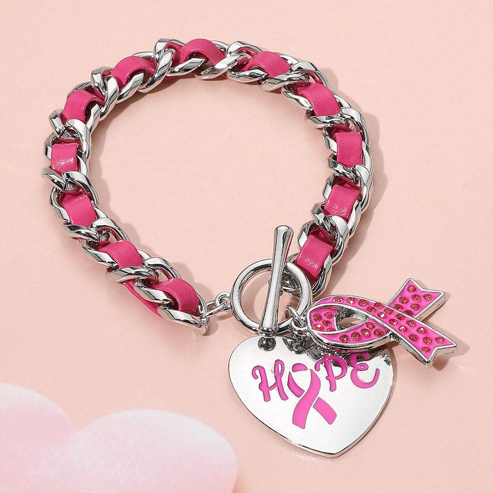 Hope Pink Ribbon Awareness Charm Chain Toggle Bracelet - Madeline Love - Flyclothing LLC