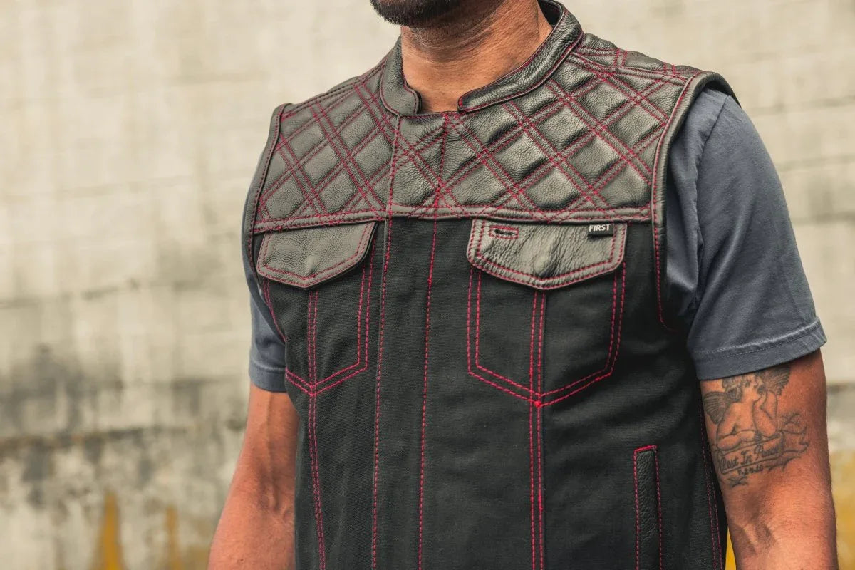 Hunt Club Motorcycle Leather Canvas Vest Black/Red - First Manufacturing Company - Flyclothing LLC