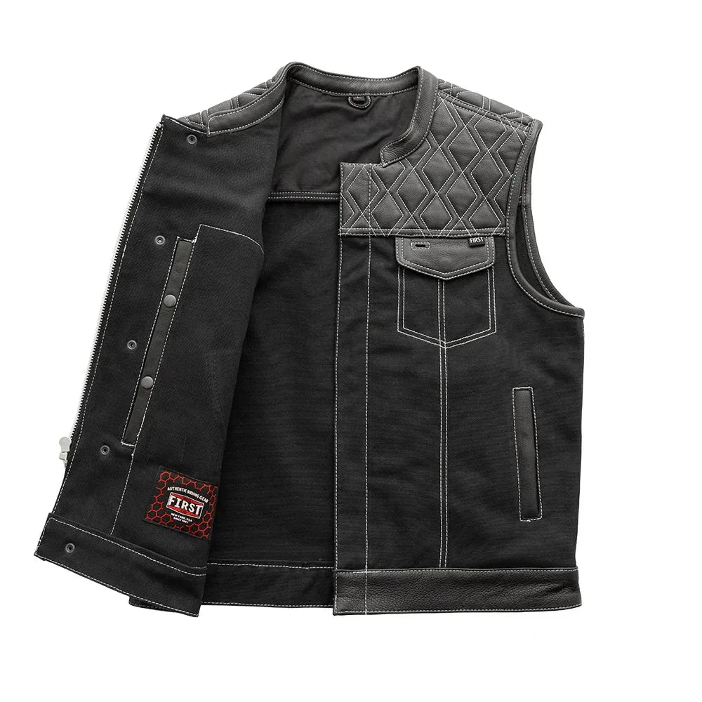 Hunt Club Motorcycle Leather Canvas Vest White Stitch - First Manufacturing Company - Flyclothing LLC