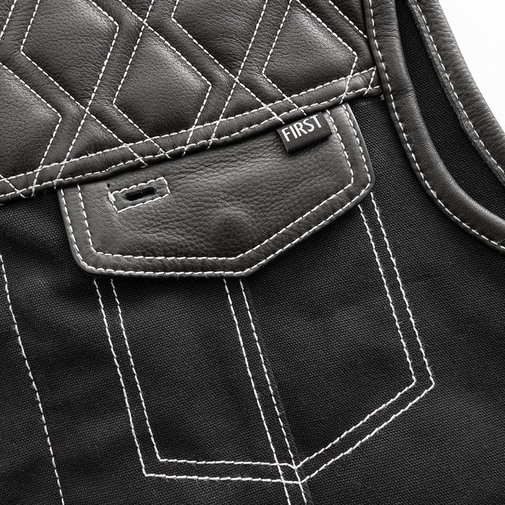 Hunt Club Motorcycle Leather Canvas Vest White Stitch - First Manufacturing Company - Flyclothing LLC