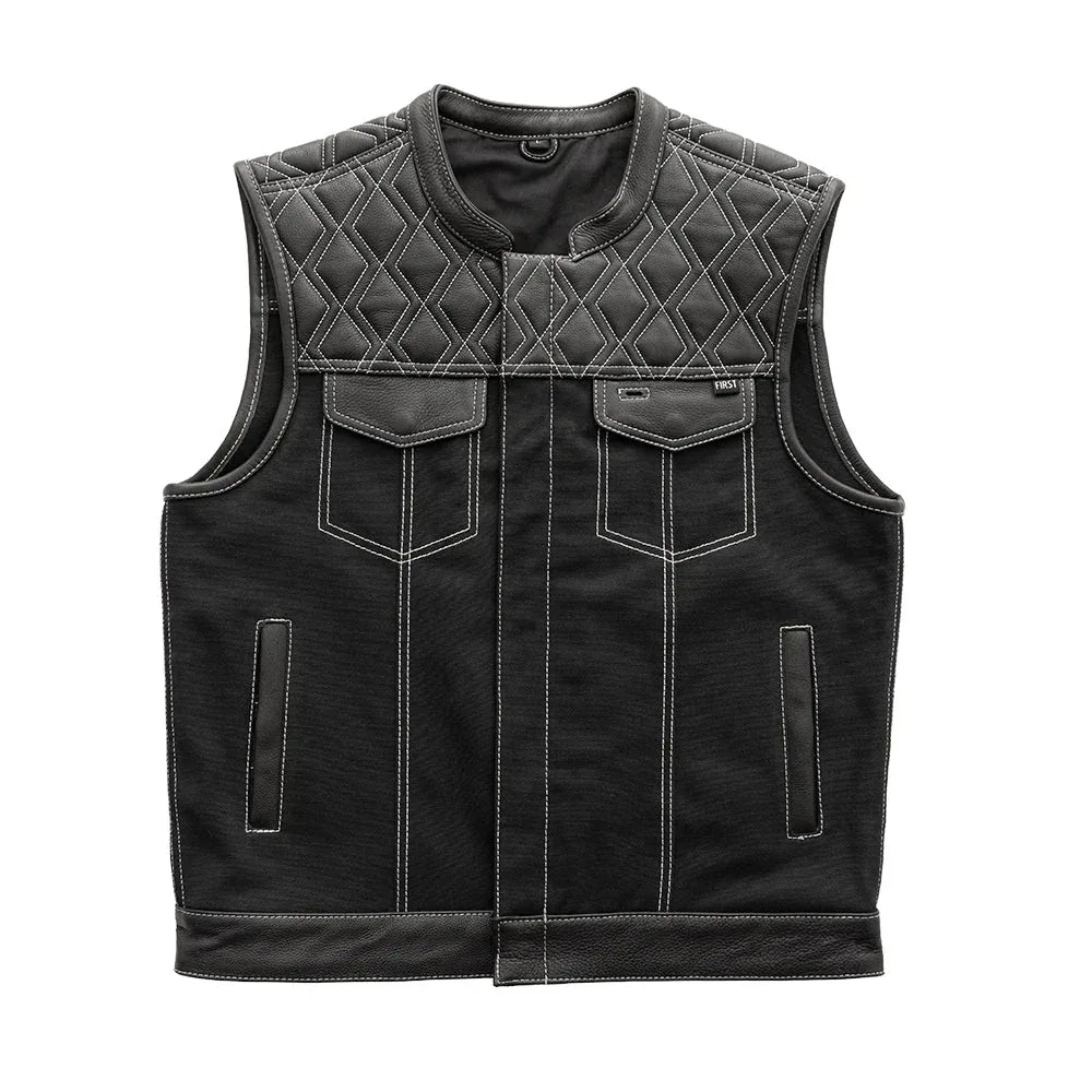 Hunt Club Motorcycle Leather Canvas Vest White Stitch - First Manufacturing Company - Flyclothing LLC
