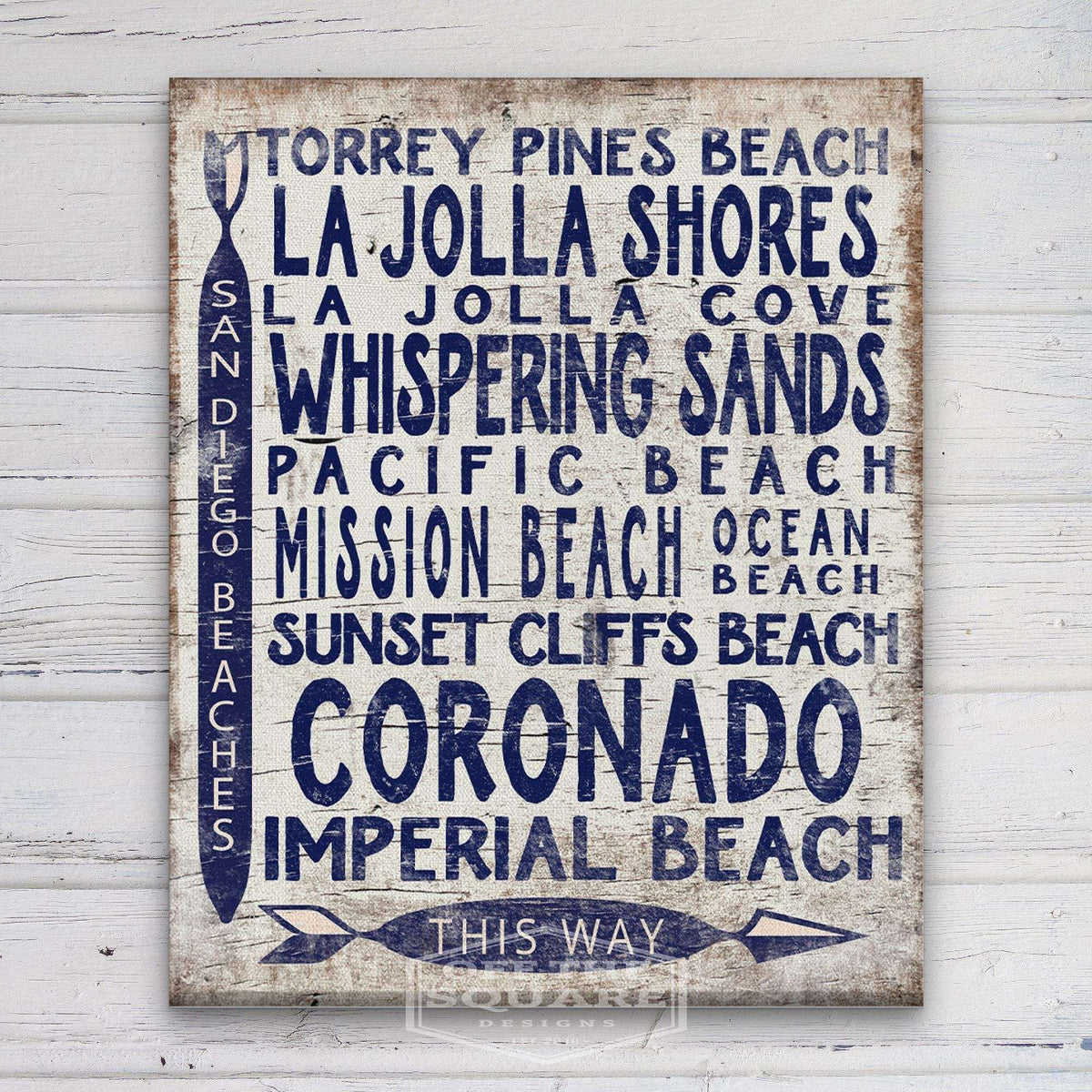 San Diego Beaches Sign - Vintage Wood Look Arrow - Off The Square Designs - Flyclothing LLC