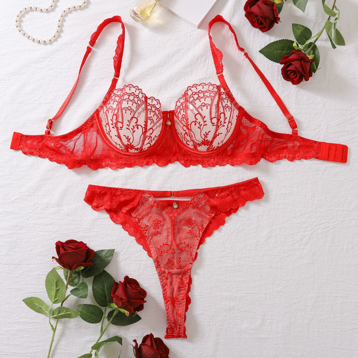 Ruby Romance Embroidered Lace 2 Piece Lingerie Set - Lingerie By Coco - Flyclothing LLC