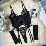 Noir Enchantress Embroidered Lace 3 Piece Bodysuit - Lingerie By Coco - Flyclothing LLC