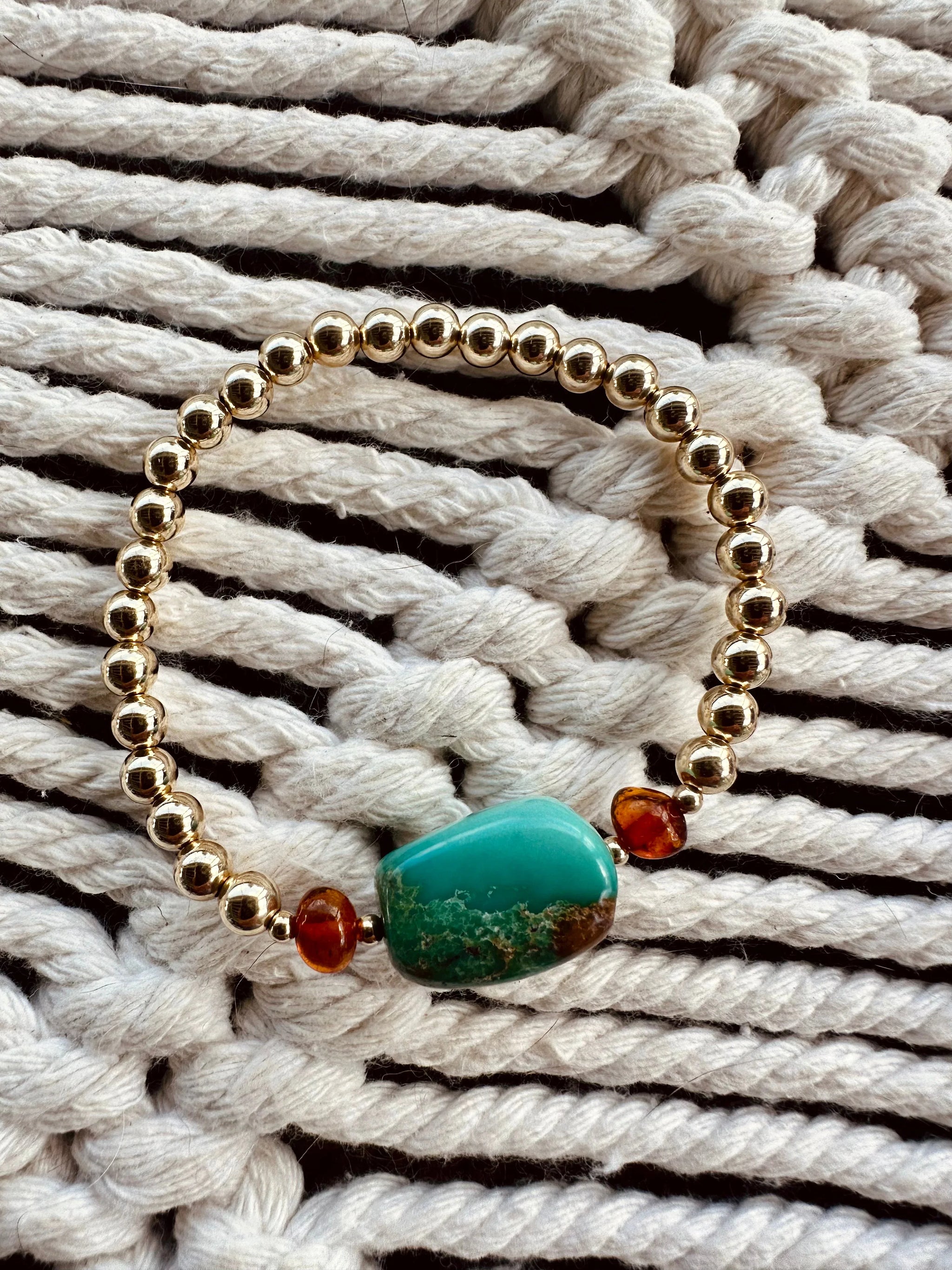 Natural Turquoise + Baltic Amber || 14K Gold Filled || Adult Stretch Bracelet - CanyonLeaf - Flyclothing LLC
