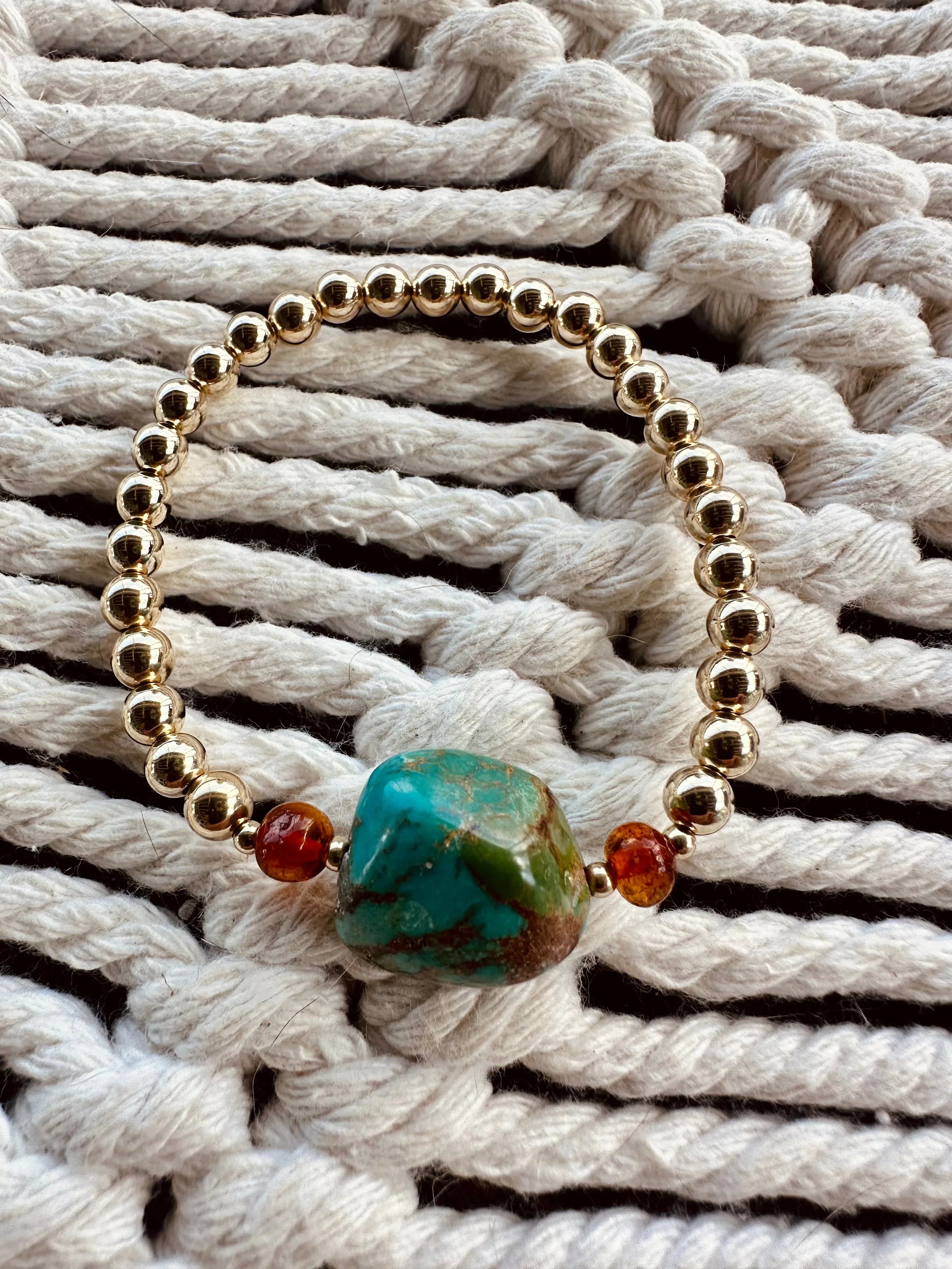 Natural Turquoise + Baltic Amber || 14K Gold Filled || Adult Stretch Bracelet - CanyonLeaf - Flyclothing LLC