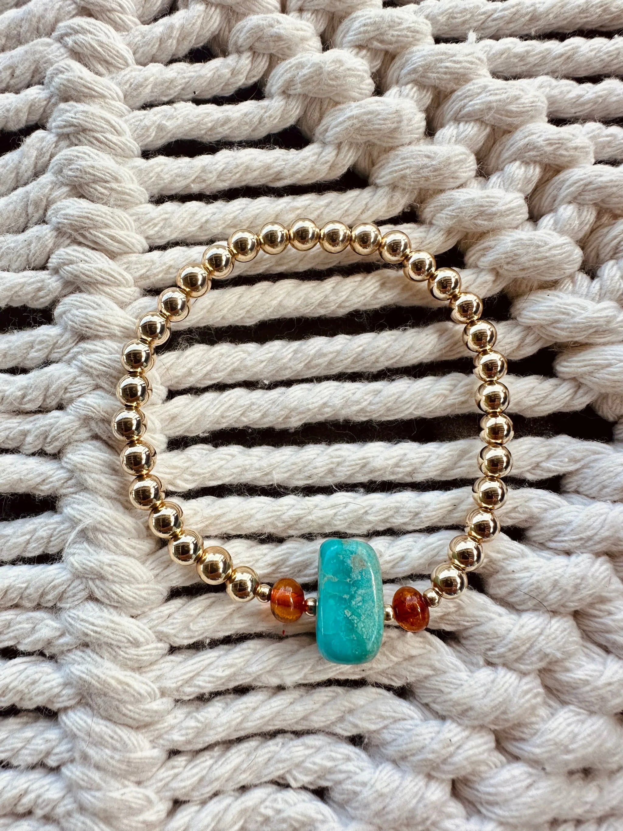Natural Turquoise + Baltic Amber || 14K Gold Filled || Adult Stretch Bracelet - CanyonLeaf - Flyclothing LLC