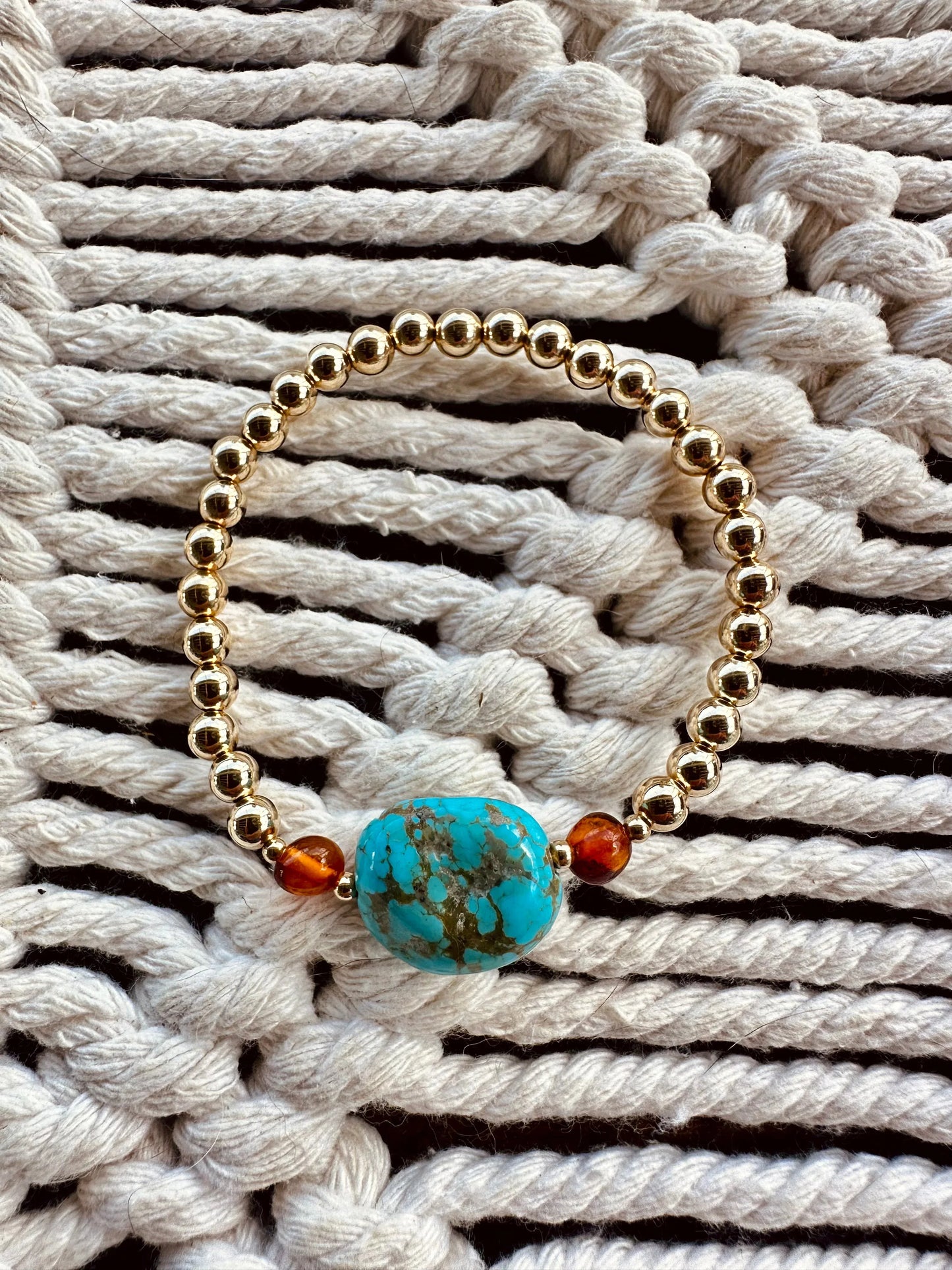 Natural Turquoise + Baltic Amber || 14K Gold Filled || Adult Stretch Bracelet - CanyonLeaf - Flyclothing LLC