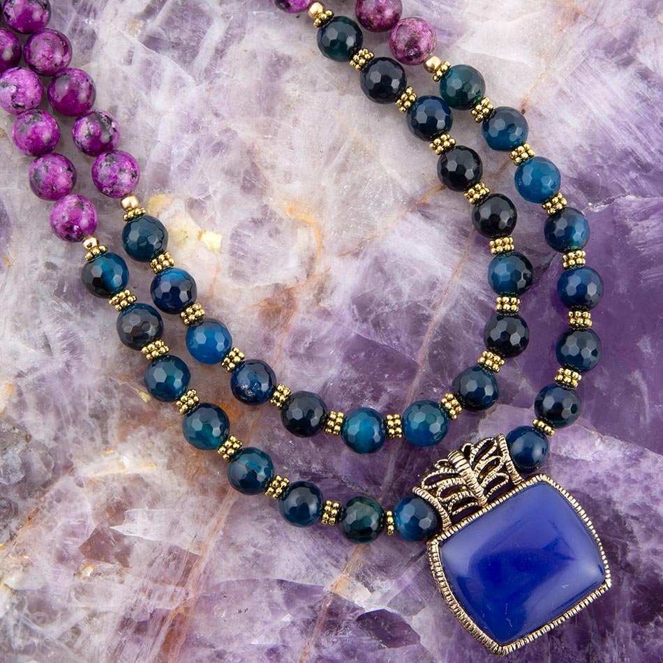 Indigo Blue Agate Pendant Statemen Golden Necklace - Barse Jewelry - Flyclothing LLC