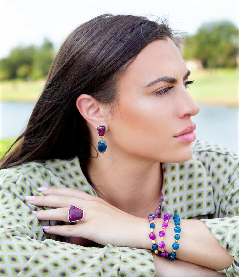 Indigo Blue Purple Agate Stack Golden Bracelet Set - Barse Jewelry - Flyclothing LLC