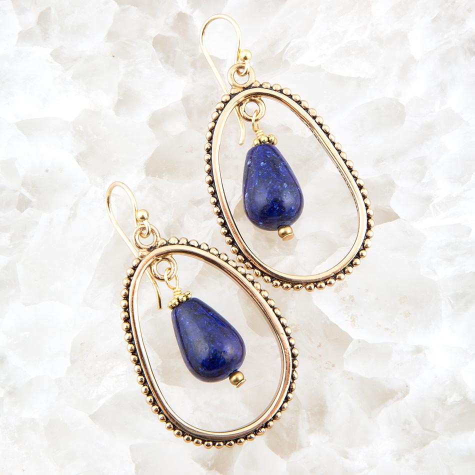 Inline Blue Lapis Drop Golden Earrings - Barse Jewelry - Flyclothing LLC