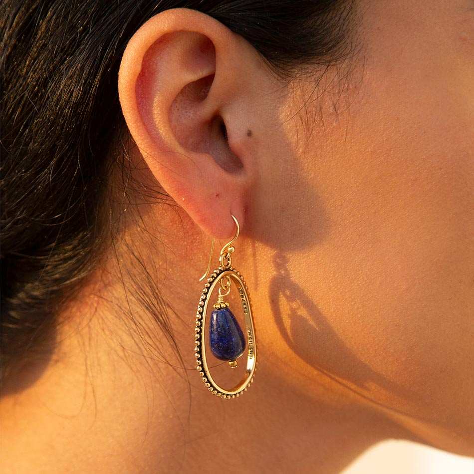 Inline Blue Lapis Drop Golden Earrings - Barse Jewelry - Flyclothing LLC