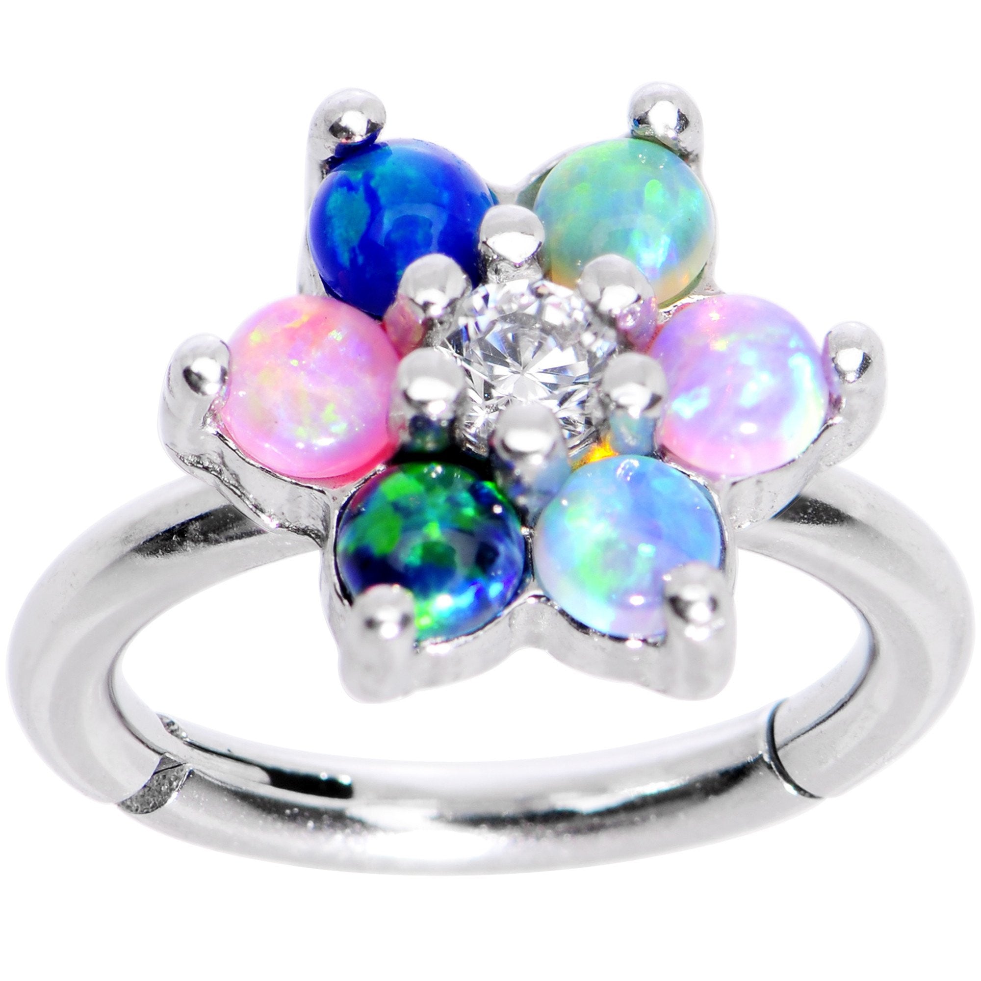 16G 5/16 Clear CZ Gem Pink Blue Faux Opal Hinged Segment Ring - BodyCandy - Flyclothing LLC