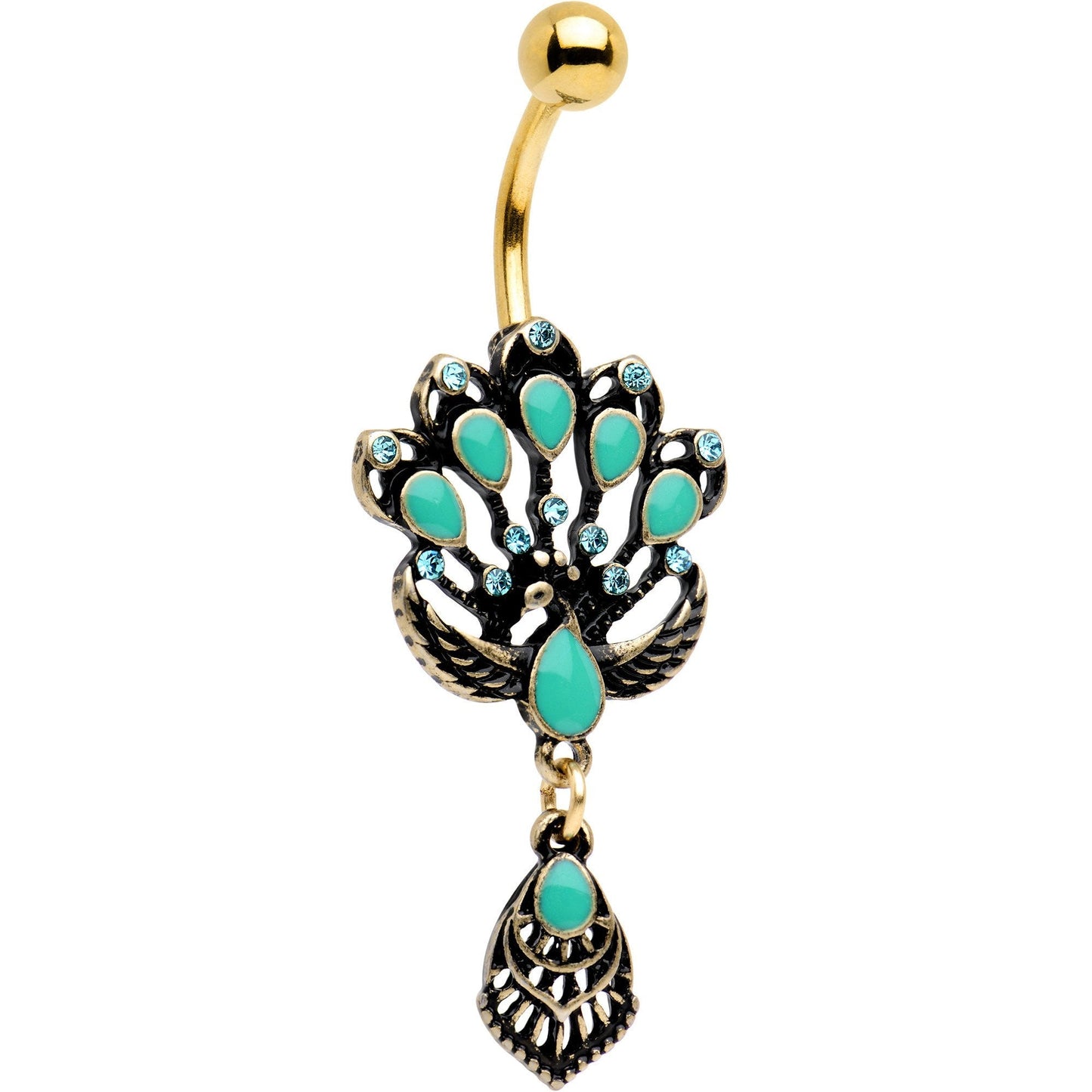 Aqua Gem Gold PVD Diving Peacock Feather Dangle Belly Ring - BodyCandy - Flyclothing LLC