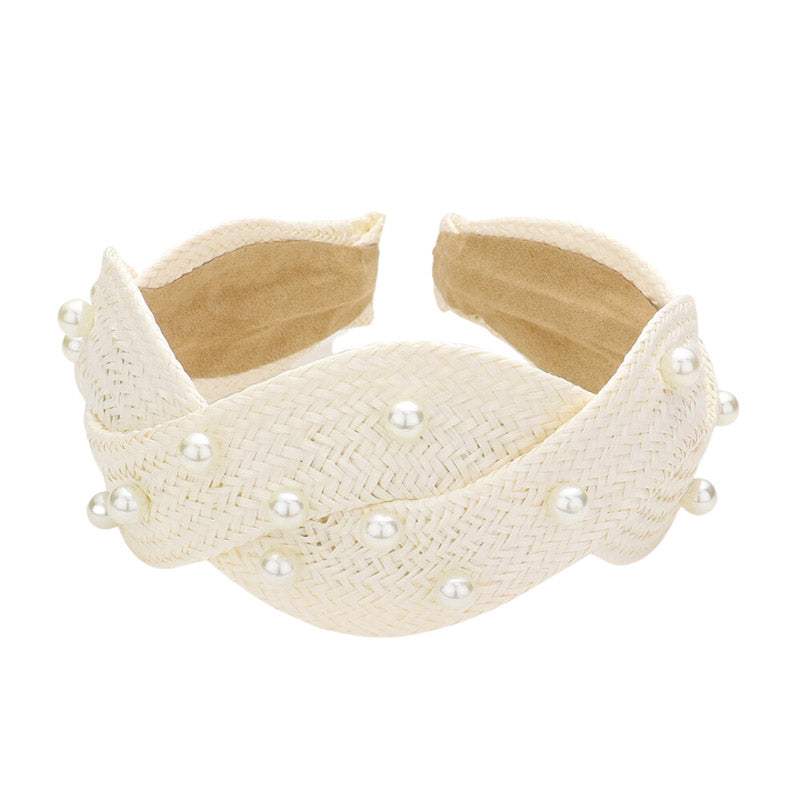 Pearl Embellished Braided Straw Headband - Madeline Love - Flyclothing LLC