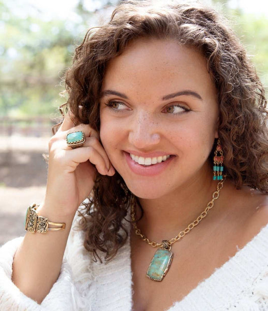 Jacquard Blue Turquoise Golden Pendant Necklace - Barse Jewelry - Flyclothing LLC