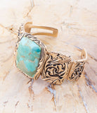 Jacquard Blue Turquoise Solid Golden Cuff Bracelet - Barse Jewelry