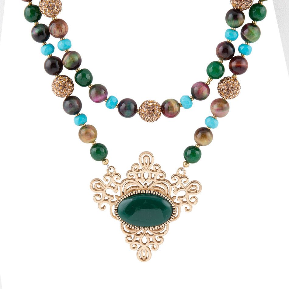 Jeweled Tyger's Eye and Green Onyx Golden Pendant Necklaces - Barse Jewelry