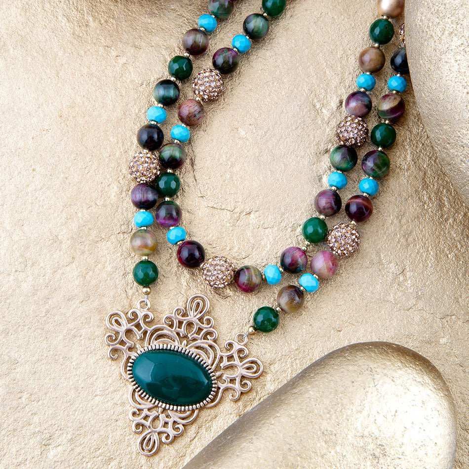 Jeweled Tyger's Eye and Green Onyx Golden Pendant Necklaces - Barse Jewelry - Flyclothing LLC