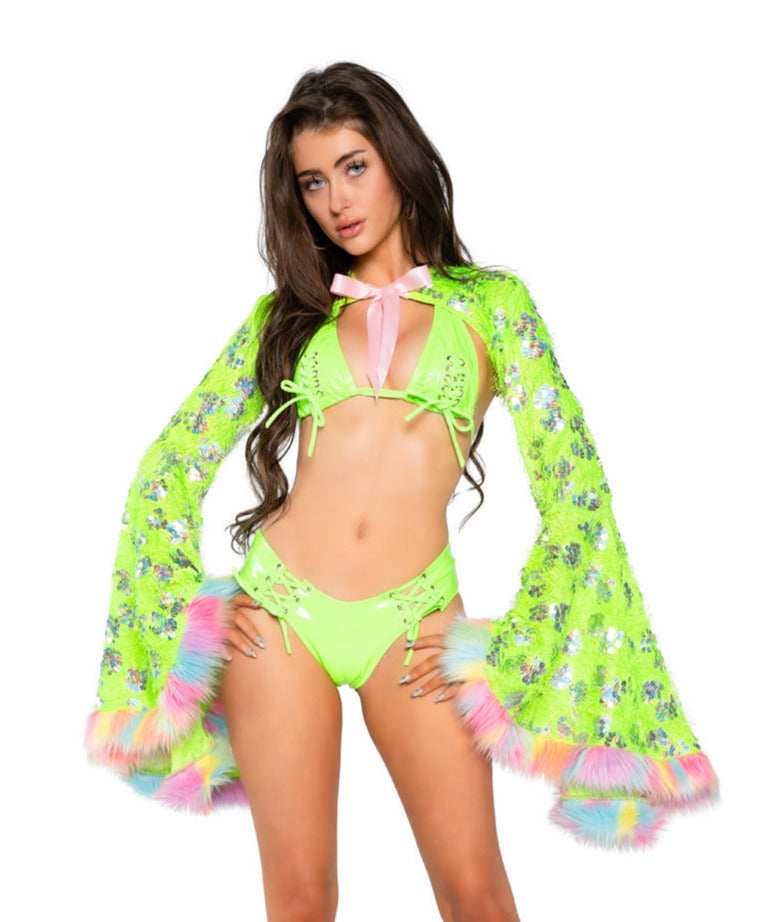 J Valentine Faux Fur Trimmed Sequin Bell-Sleeve Shrug