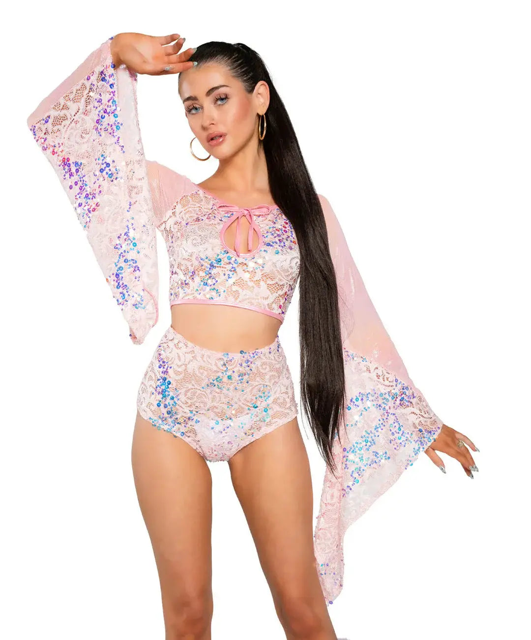 JR171 - Fishnet/Mesh Sequin Flair Sleeve Top - J. Valentine - Flyclothing LLC