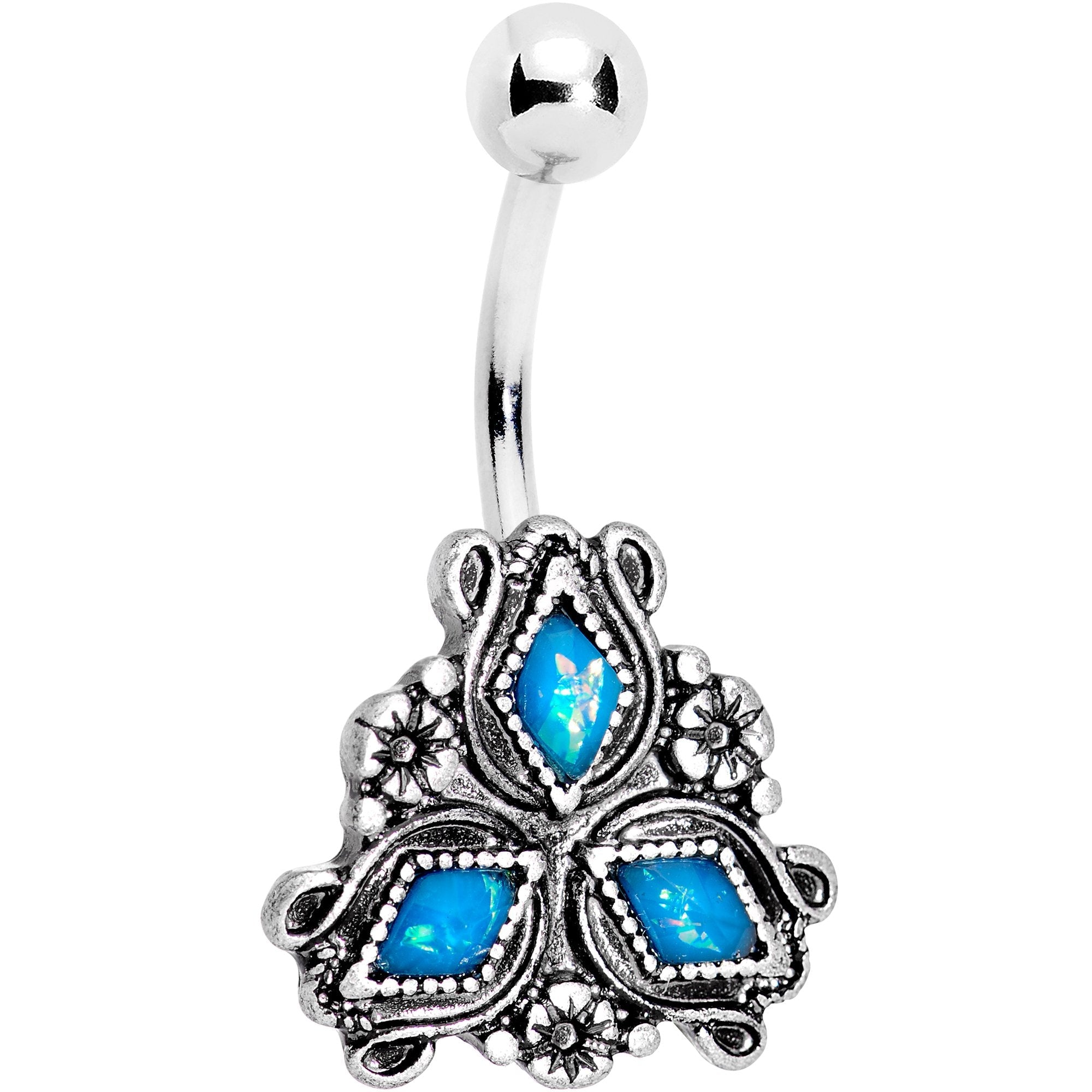 Aqua Gem Twisting Triad Flower Belly Ring - BodyCandy - Flyclothing LLC