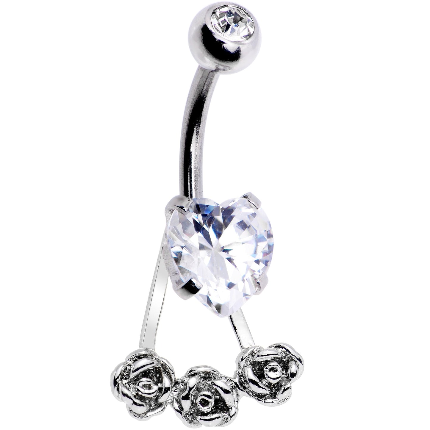 Clear CZ Gem Heart Kissed Rose Flower Dangle Belly Ring - BodyCandy - Flyclothing LLC