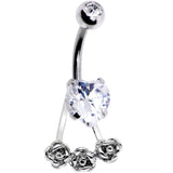 Clear CZ Gem Heart Kissed Rose Flower Dangle Belly Ring - BodyCandy - Flyclothing LLC