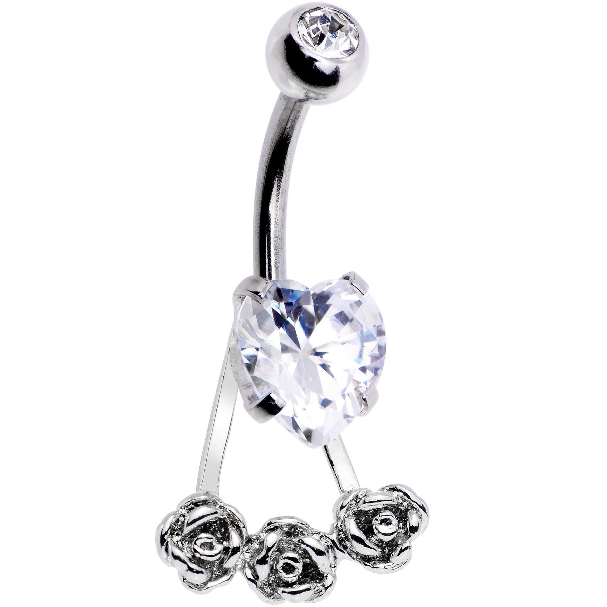 Clear CZ Gem Heart Kissed Rose Flower Dangle Belly Ring - BodyCandy - Flyclothing LLC