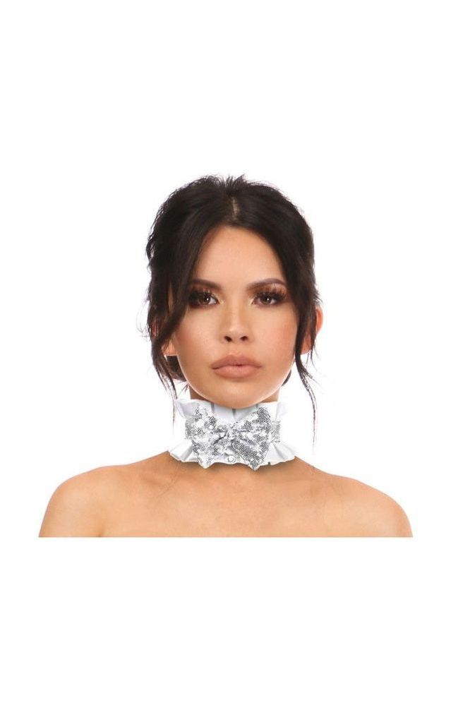 Daisy Corsets Kitten Collection White/Silver Satin & Sequin Choker - Daisy Corsets