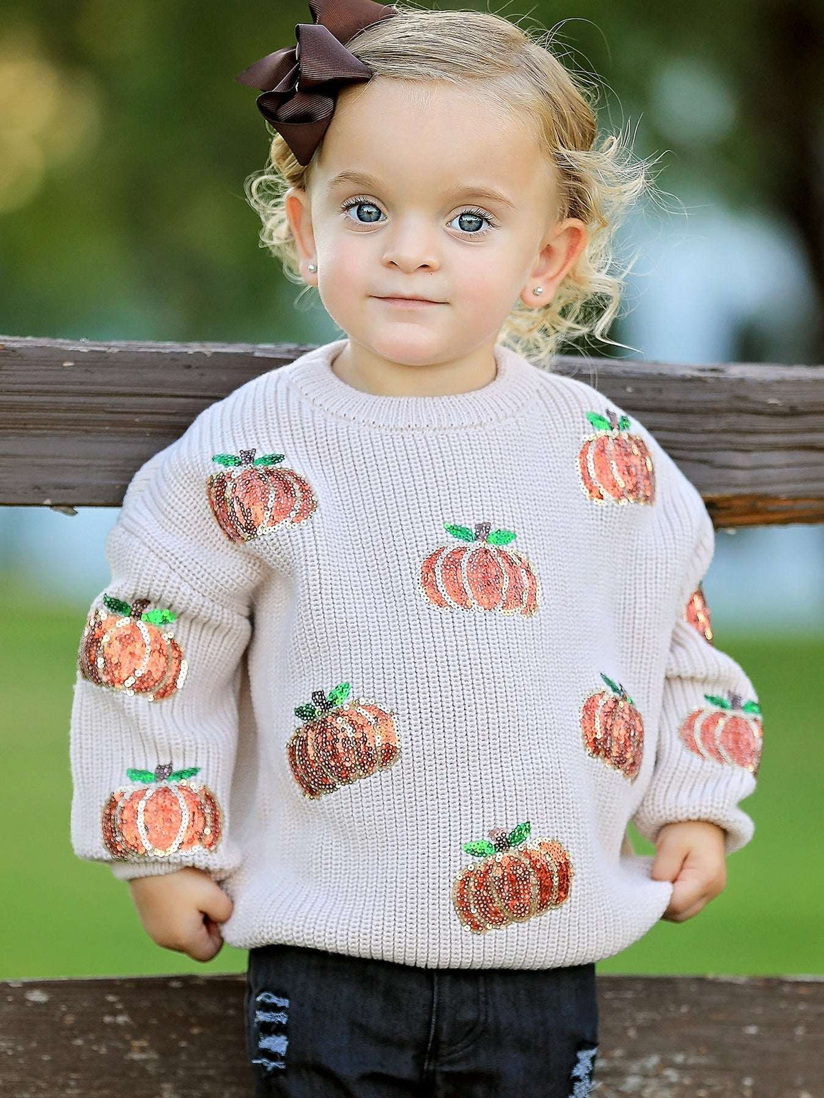 Thanksgiving Pumpkin Sequin Sweater – Beige, Perfect for Fall - Rylee Faith Designs - Flyclothing LLC